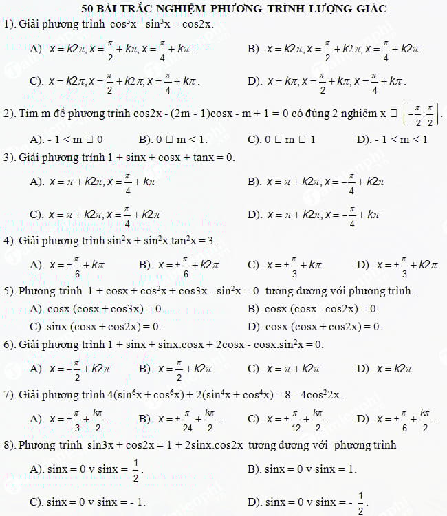 Bài tập trắc nghiệm phương trình lượng giác