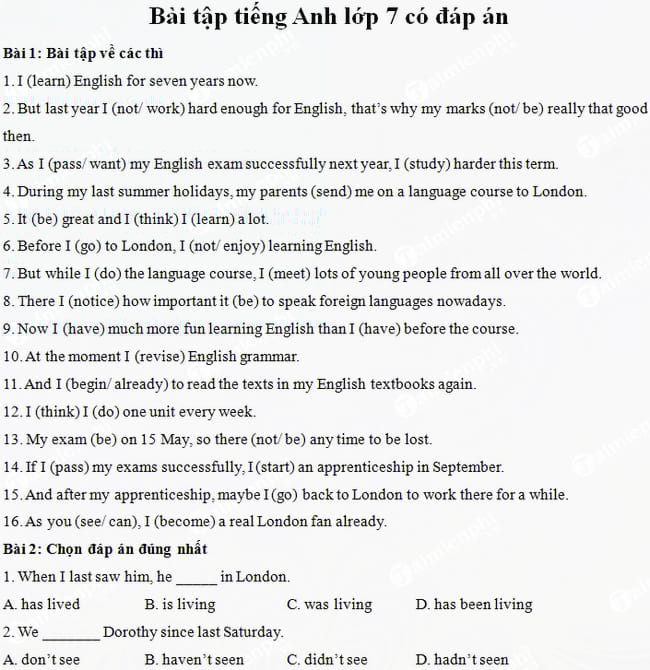 Bài tập tiếng Anh lớp 7 có đáp án