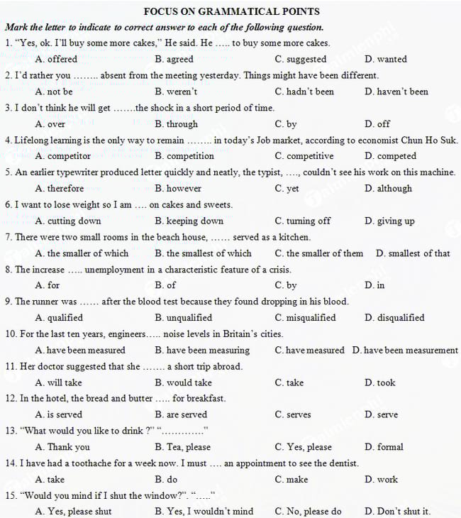 Bài tập ngữ pháp Tiếng Anh ôn thi đại học