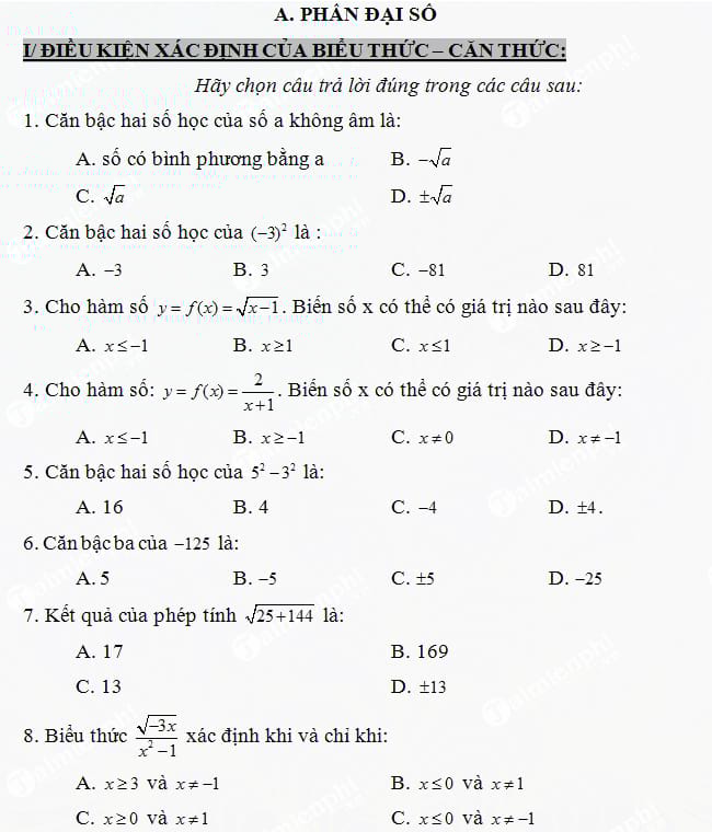 Bài tập trắc nghiệm môn Toán lớp 9