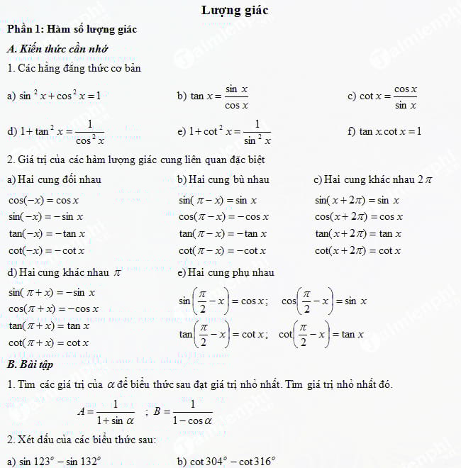 Bài tập công thức lượng giác lớp 10