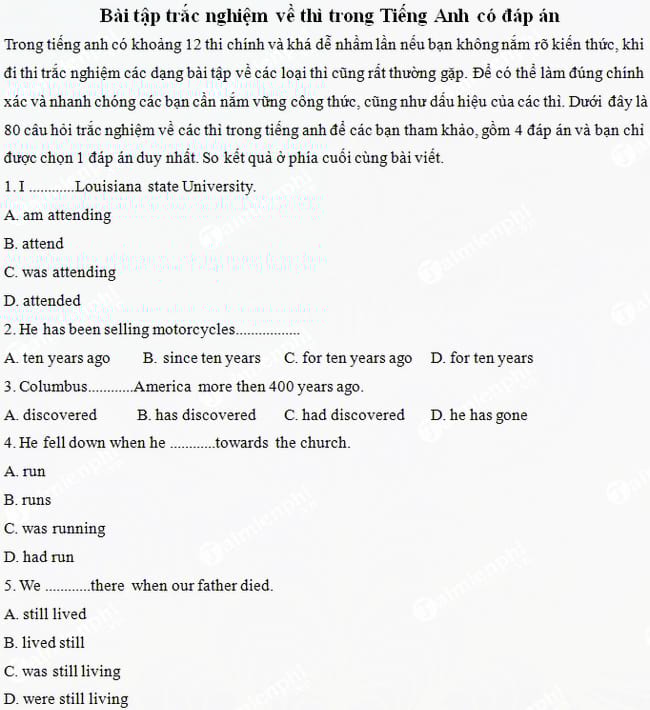 Bài tập trắc nghiệm về thì trong Tiếng Anh