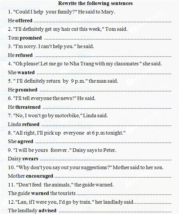 Bài tập viết lại câu Tiếng Anh nâng cao