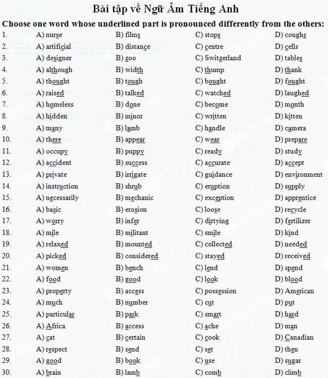 Bài tập về ngữ âm trong Tiếng Anh