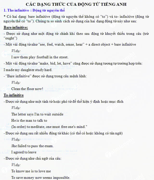 Bài tập các dạng thức của động từ Tiếng Anh