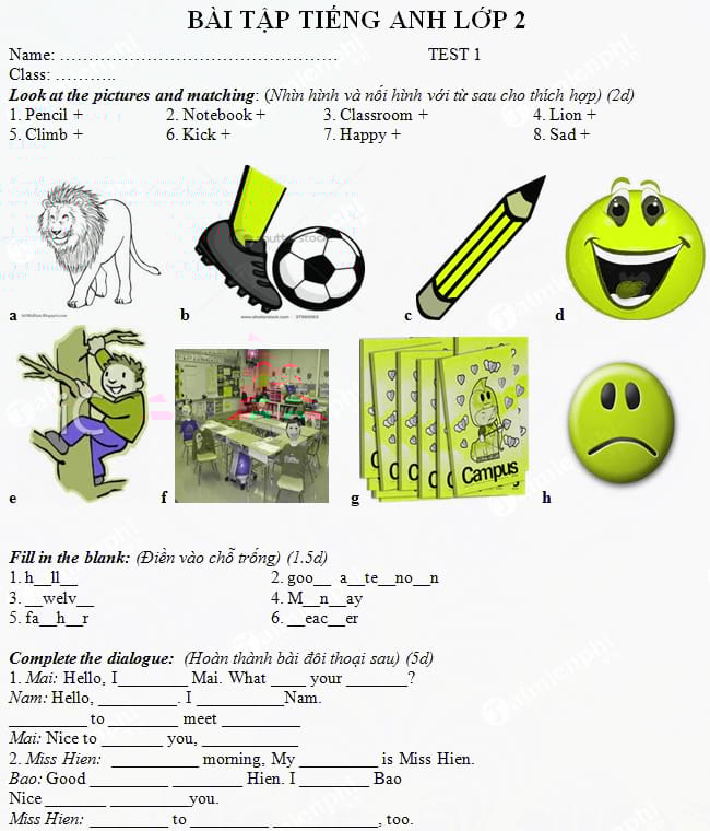 Bài tập Tiếng Anh lớp 2