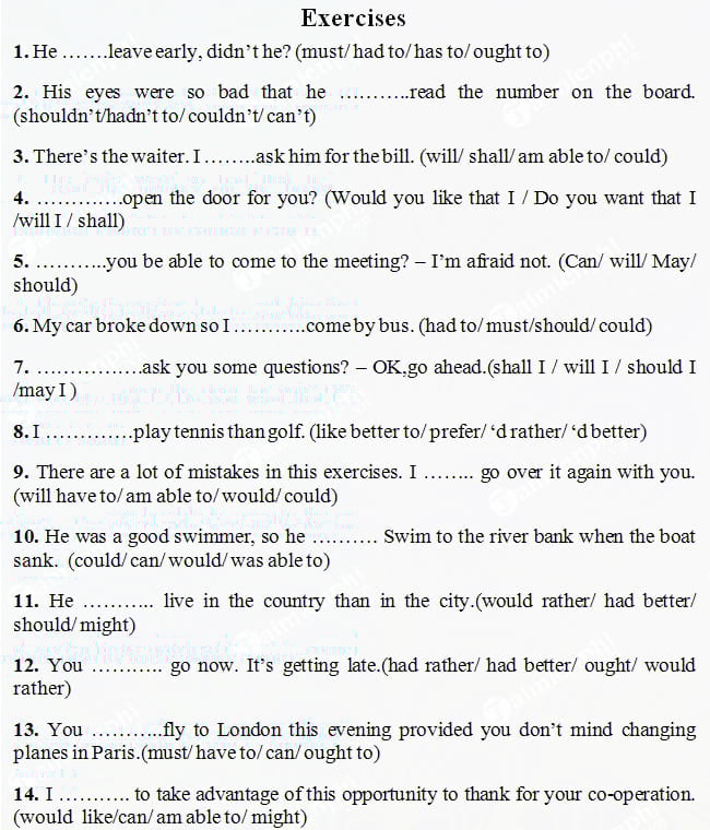 Bài tập động từ khuyết thiếu