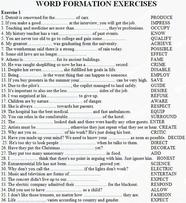 Bài tập cách thành lập từ Tiếng Anh có đáp án