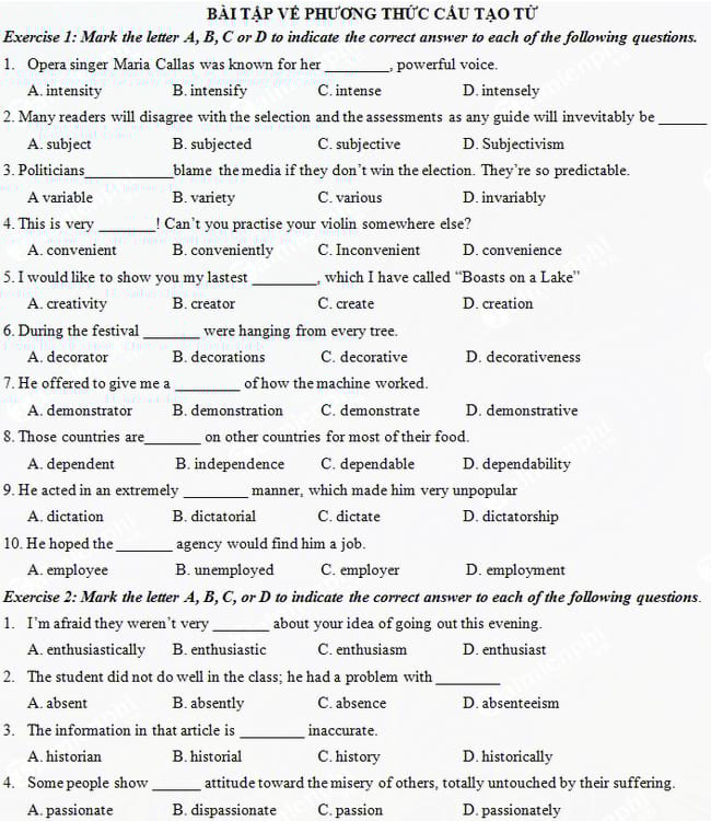 Bài tập từ vựng ôn thi Đại học môn Tiếng Anh