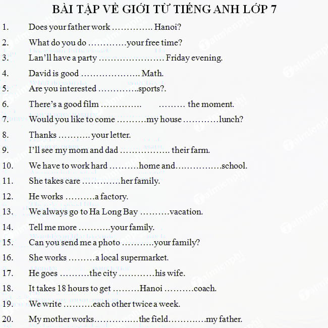 Bài tập về giới từ tiếng Anh lớp 7 có đáp án