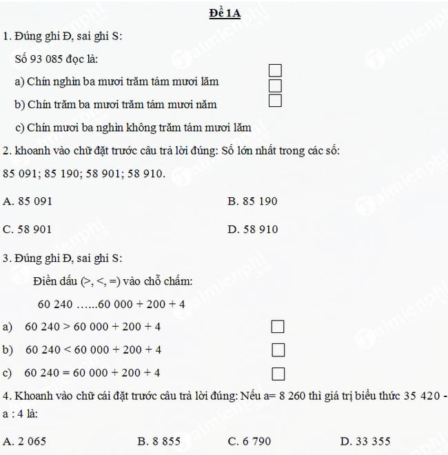 Bộ đề thi ôn tập hè môn Toán lớp 4
