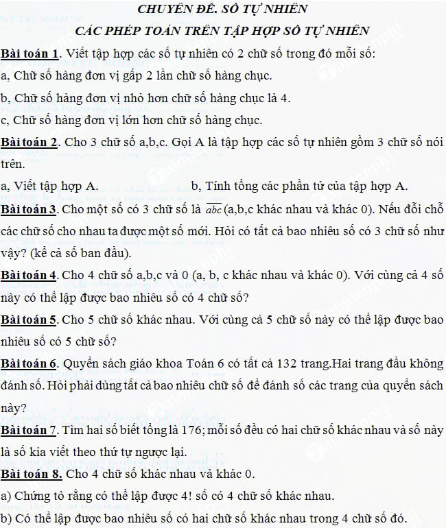 Bài tập về số tự nhiên lớp 6