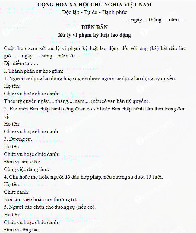 Mẫu biên bản xử lý vi phạm kỷ luật lao động