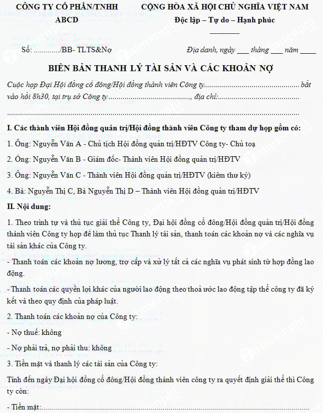 Mẫu biên bản thanh lý tài sản và các khoản nợ