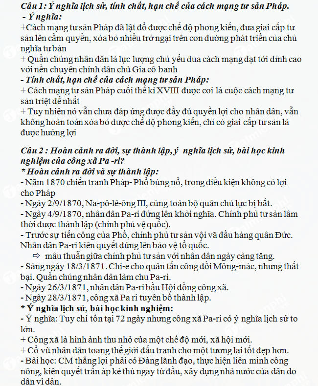 Đề cương ôn tập môn Lịch sử lớp 8