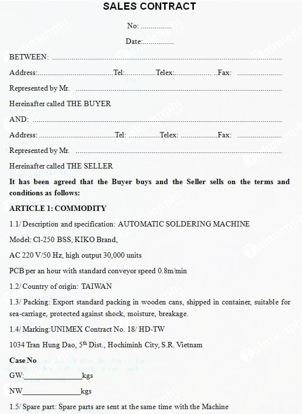 Mẫu hợp đồng ngoại thương bằng Tiếng Anh