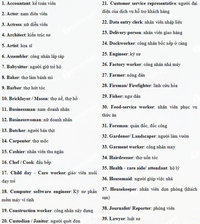 Từ vựng Tiếng Anh về nghề nghiệp