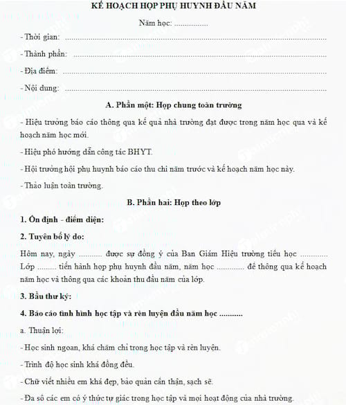 Kế hoạch họp phụ huynh đầu năm