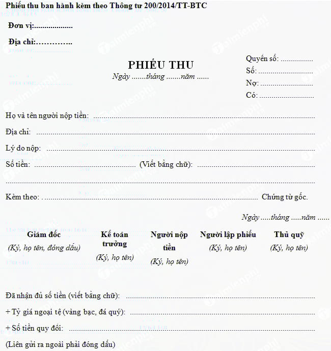 Mẫu phiếu thu theo thông tư 200