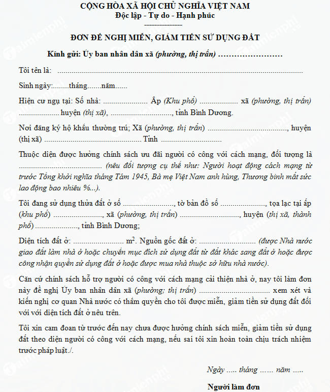 Đơn đề nghị miễn, giảm tiền sử dụng đất