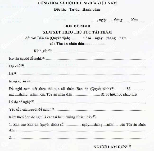 Mẫu đơn đề nghị xem xét theo thủ tục tái thẩm