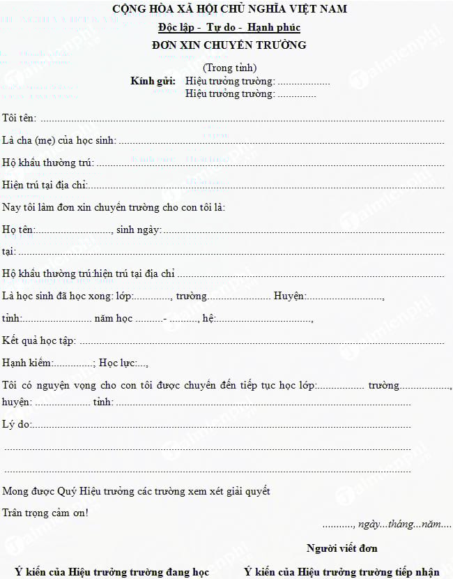 Mẫu đơn xin chuyển trường mầm non