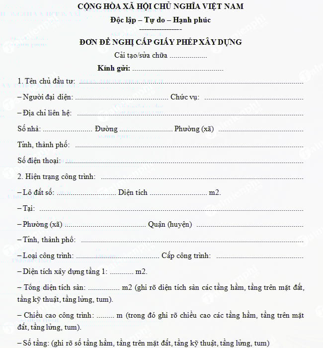 Mẫu đơn xin sửa chữa nhà