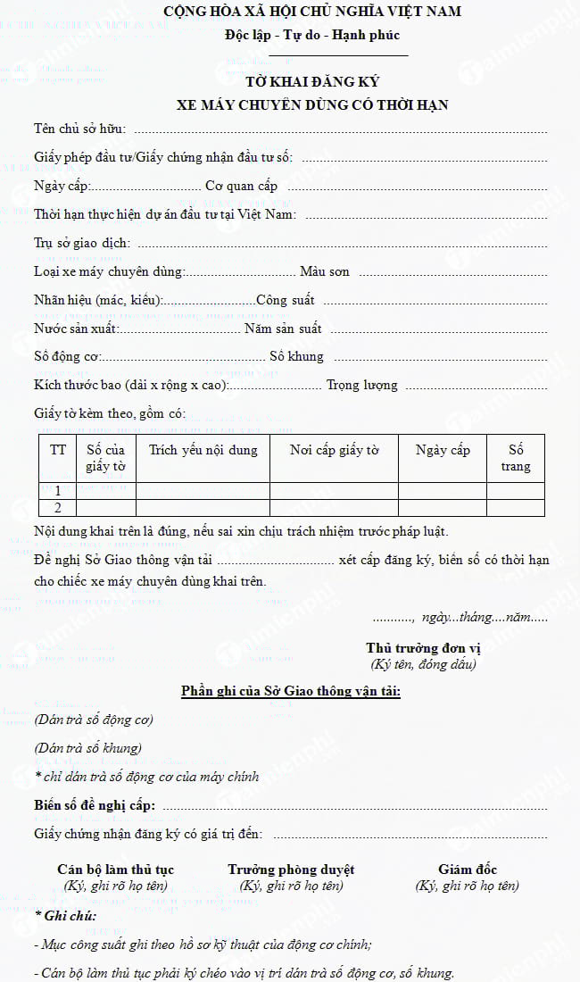 Tờ khai đăng ký xe máy chuyên dùng có thời hạn