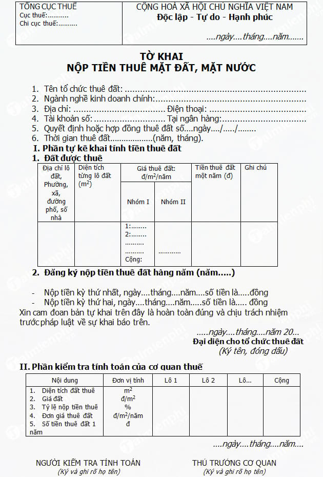 Tờ khai nộp tiền thuê mặt đất, mặt nước