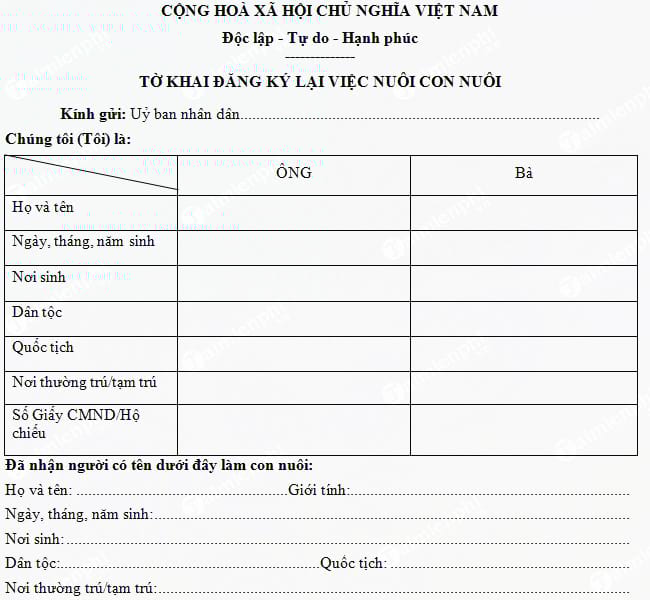 Tờ khai đăng ký lại việc nuôi con nuôi