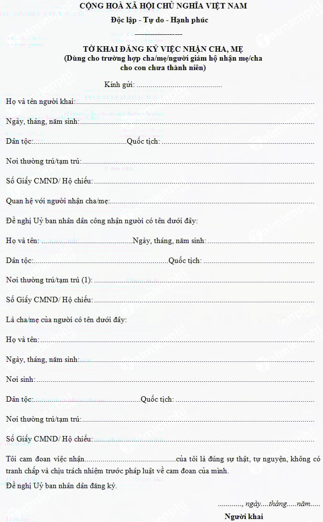 Tờ khai đăng ký việc nhận cha, mẹ