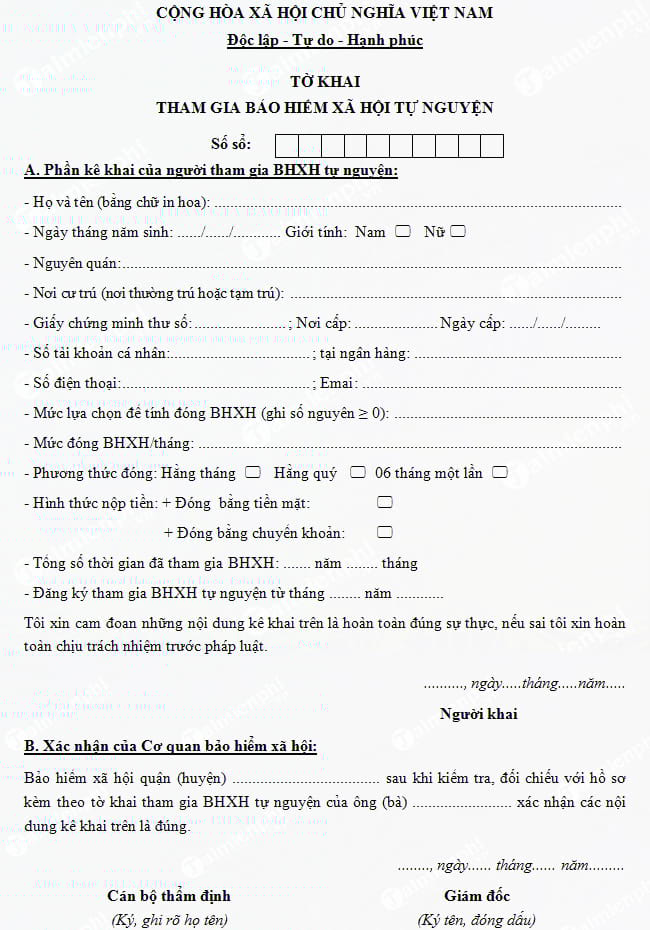 Tờ khai tham gia BHXH tự nguyện