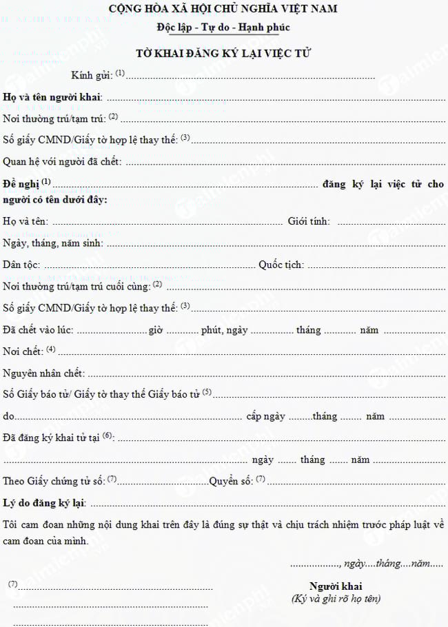 Tờ khai đăng ký lại việc tử
