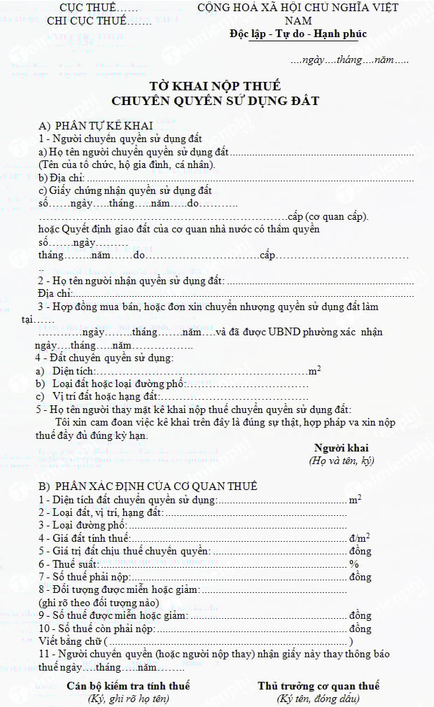 Tờ khai nộp thuế chuyển quyền sử dụng đất