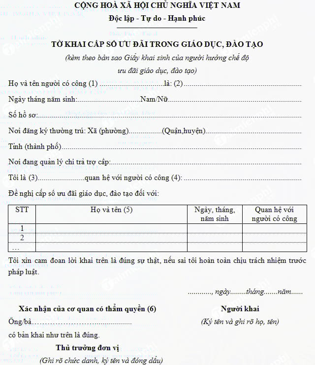 Tờ khai cấp sổ ưu đãi giáo dục, đào tạo