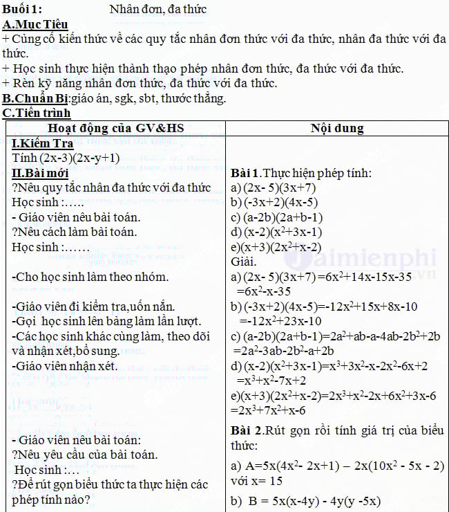 Giáo án dạy thêm Toán 8