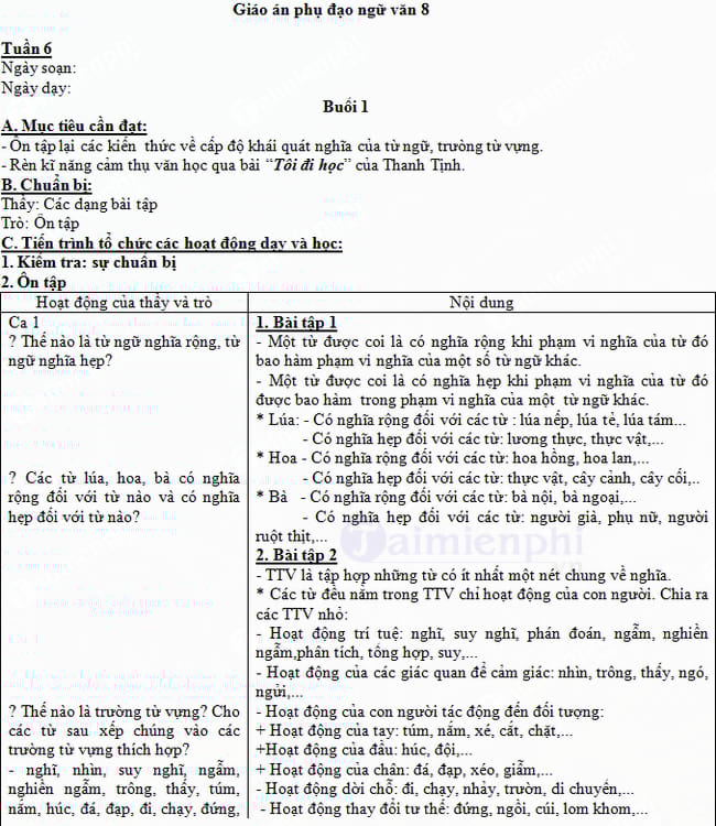 Giáo án phụ đạo Ngữ Văn 8