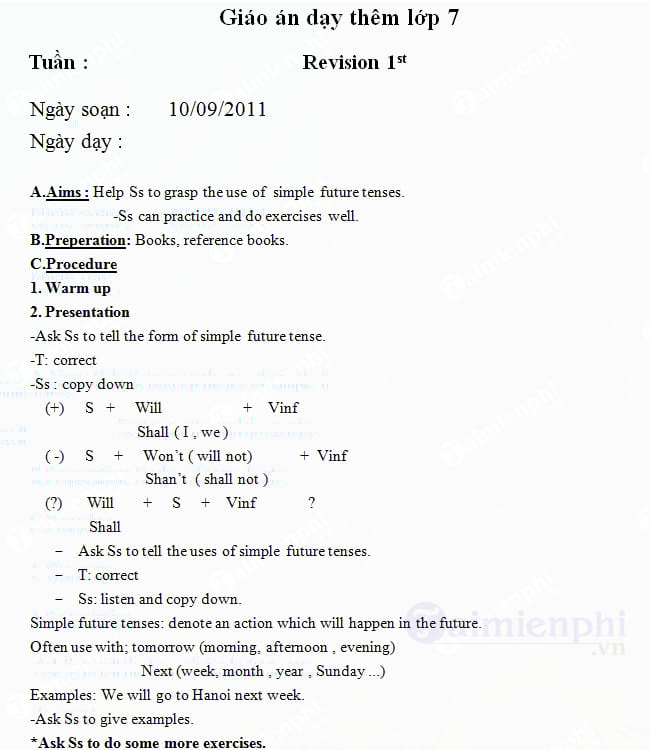 Giáo án dạy thêm Tiếng Anh 7