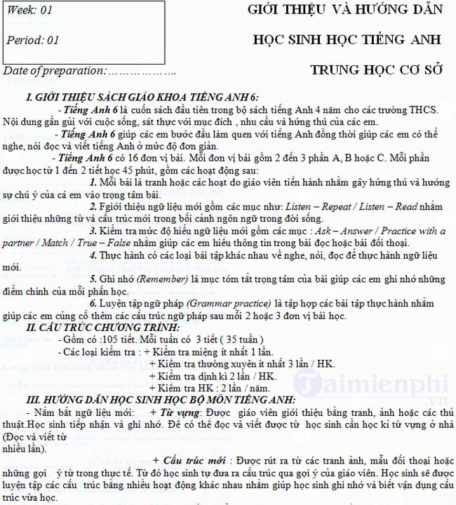 Giáo án Tiếng Anh lớp 6 trọn bộ