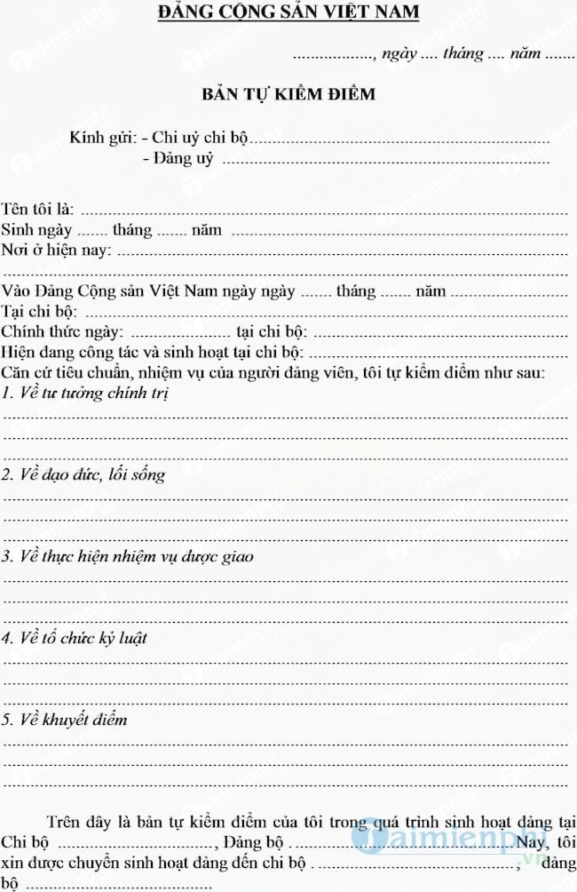 Mẫu bản kiểm điểm đảng viên chuyển sinh hoạt Đảng