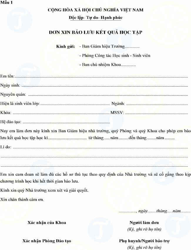 Mẫu đơn xin bảo lưu kết quả học tập