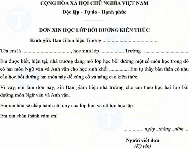 Mẫu đơn xin học lớp bồi dưỡng kiến thức