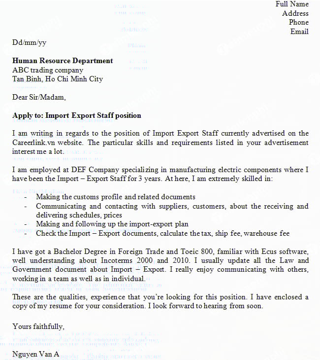 Đơn xin việc bằng tiếng Anh ngành xuất nhập khẩu