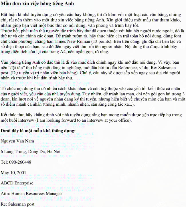 Đơn xin việc và sơ yếu lý lịch tiếng Anh