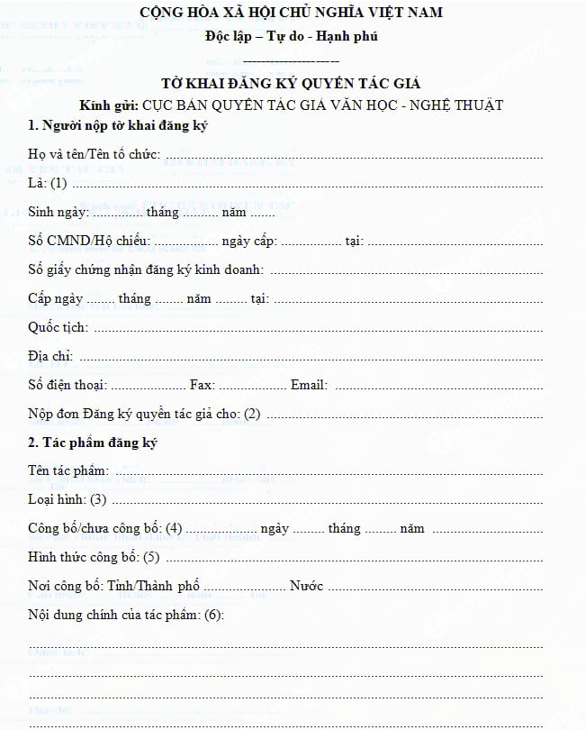 Tờ khai đăng ký quyền tác giả