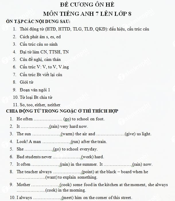 Đề cương ôn hè môn Tiếng Anh 7 lên lớp 8