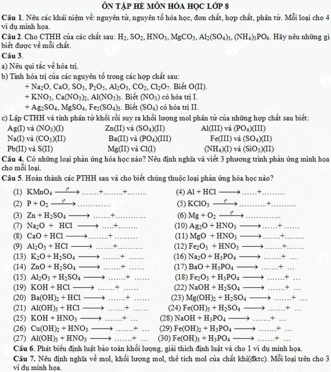 Bài tập ôn hè môn Hóa học lớp 8 lên lớp 9