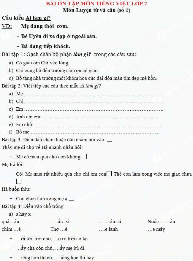 Bài tập ôn hè môn Tiếng Việt lớp 2