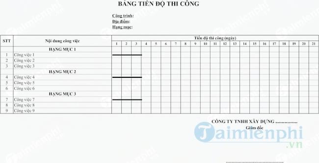 Mẫu bảng tiến độ thi công công trình