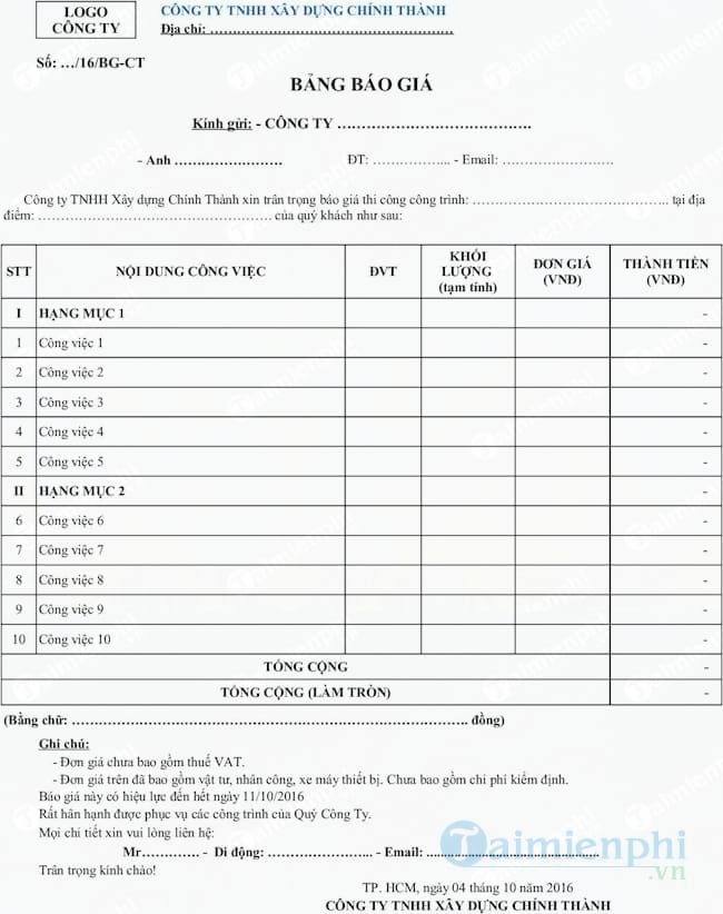 Mẫu bảng báo giá thi công xây dựng